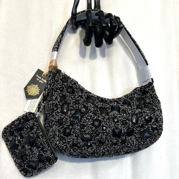 🖤🩶🖤 MADE IN INDIA BEAUTIFUL Black Beaded Shoulder Bag With Coin Purse🖤🩶🖤NWT - Picture 15 of 17